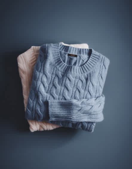 Faded Denim Mongolian Cashmere Shrunken Cable Crewneck Sweater