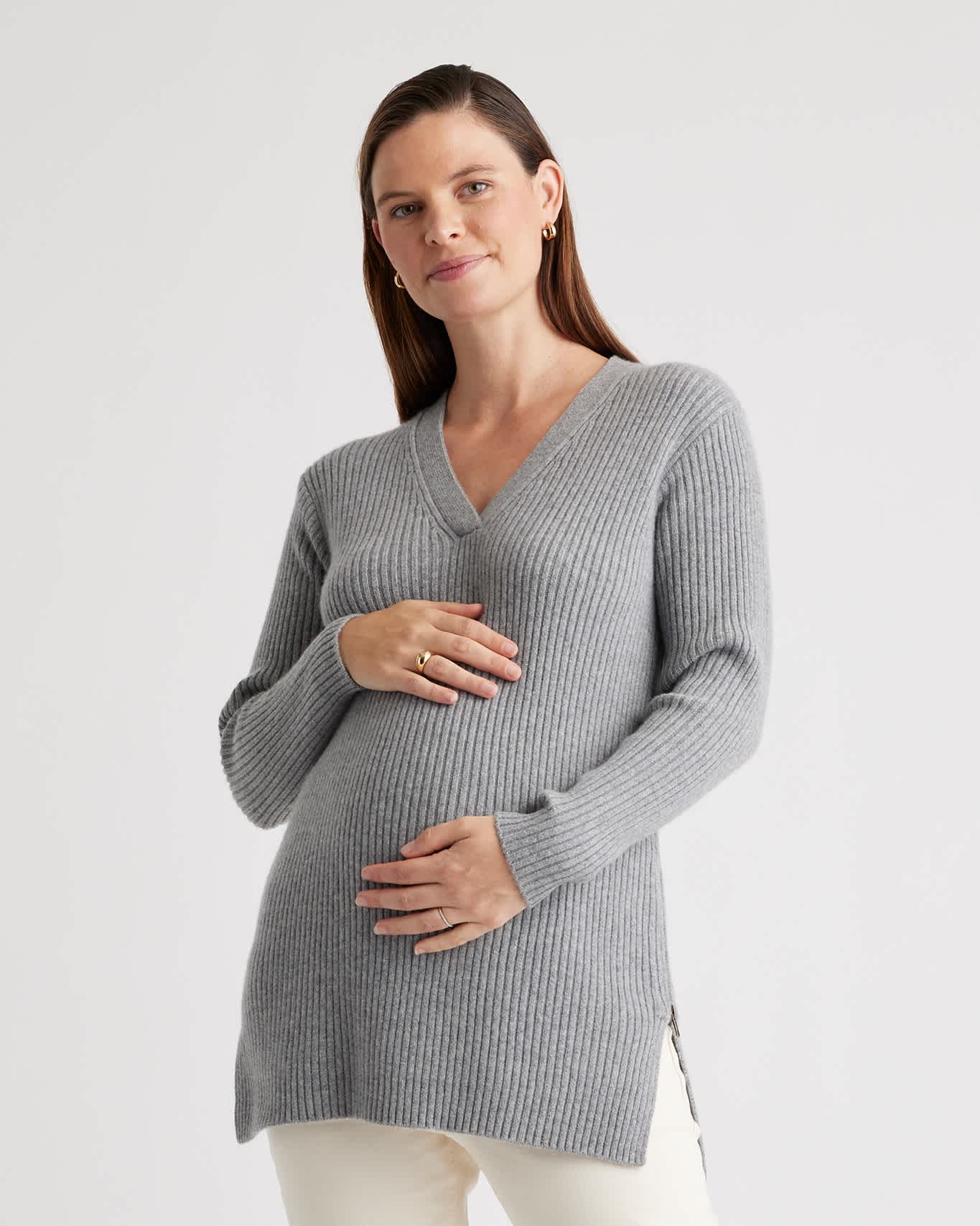 W--138-HGRY 0265 copy heather-grey Mongolian Cashmere Ribbed Side Zip Maternity Sweater