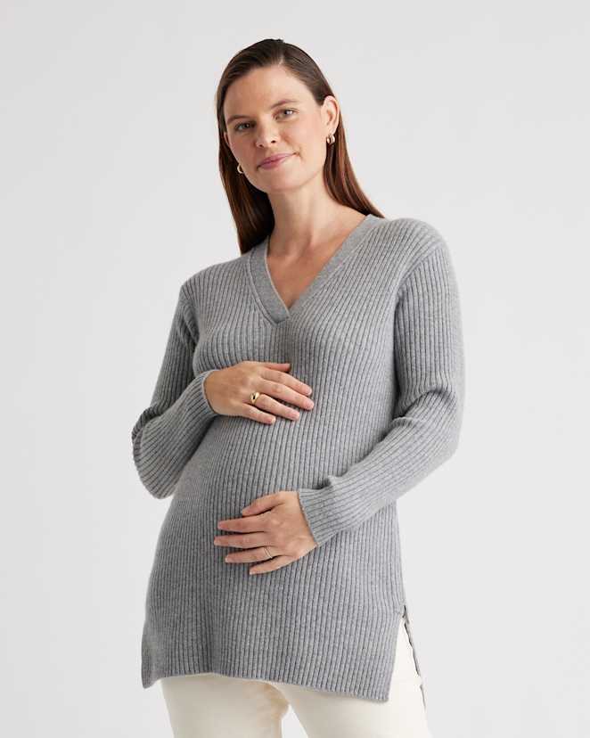 Heather Grey Mongolian Cashmere Ribbed Side Zip Maternity Sweater
