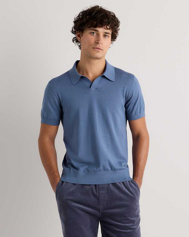 Moonstone Blue Cotton-Silk Johnny Collar Polo