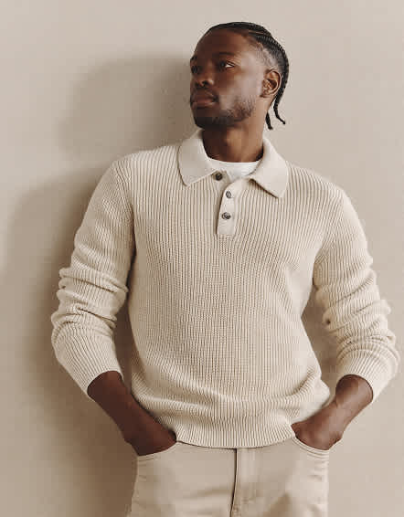 Speckled Beige 100% Organic Cotton Ribbed Polo Sweater