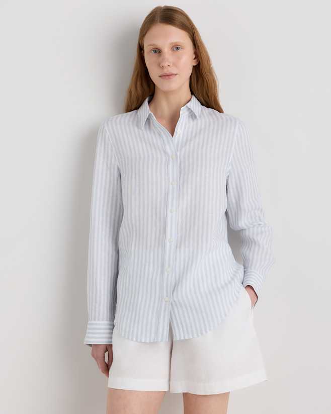 Sky Blue Mariner Stripe 100% European Linen Long Sleeve Shirt
