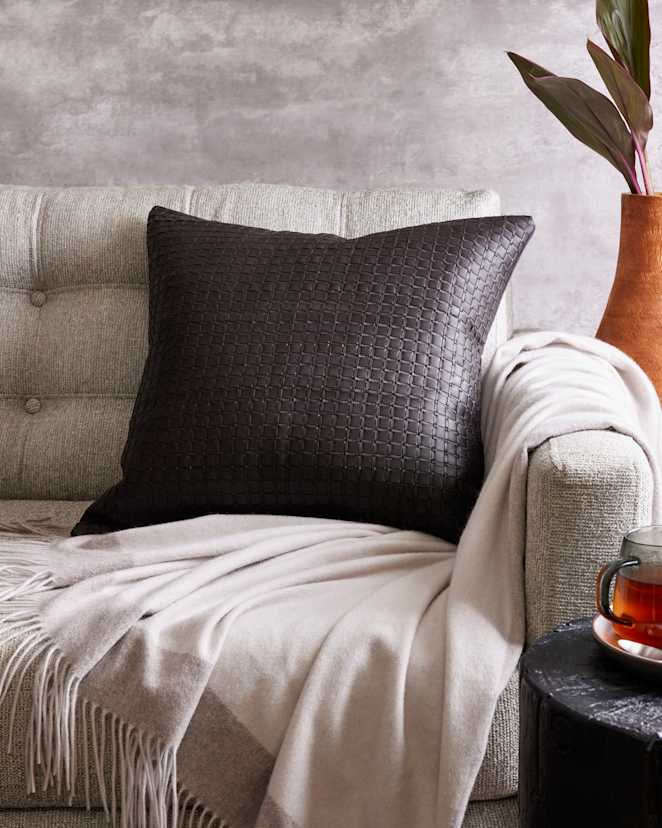 Black Leather Basketweave Pillow Cover