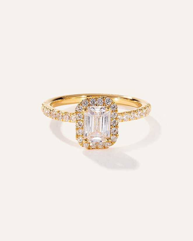 Yellow Gold Lab Grown Diamond Emerald Halo Pave Engagement Ring - 1.50ct