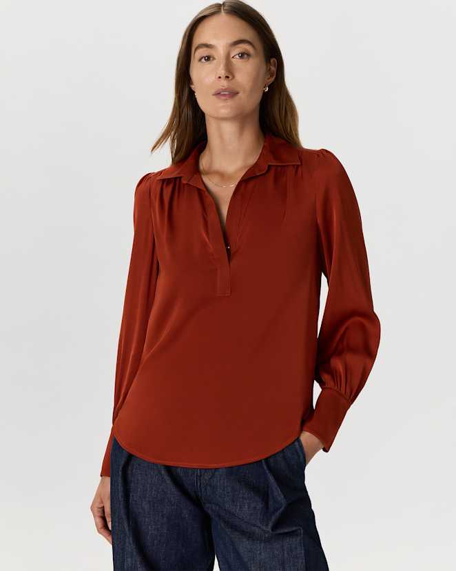 W-BLO-95-PPKRED-01 EDITED Paprika Red Washable Stretch Silk Split Neck Blouse