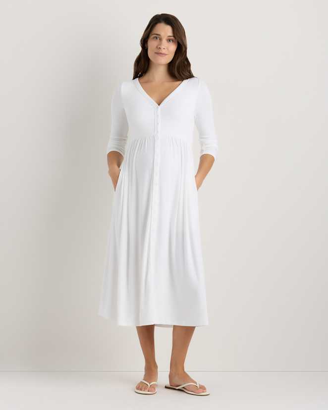 Classic White Bamboo Rib Maternity Long Sleeve Button Front Dress
