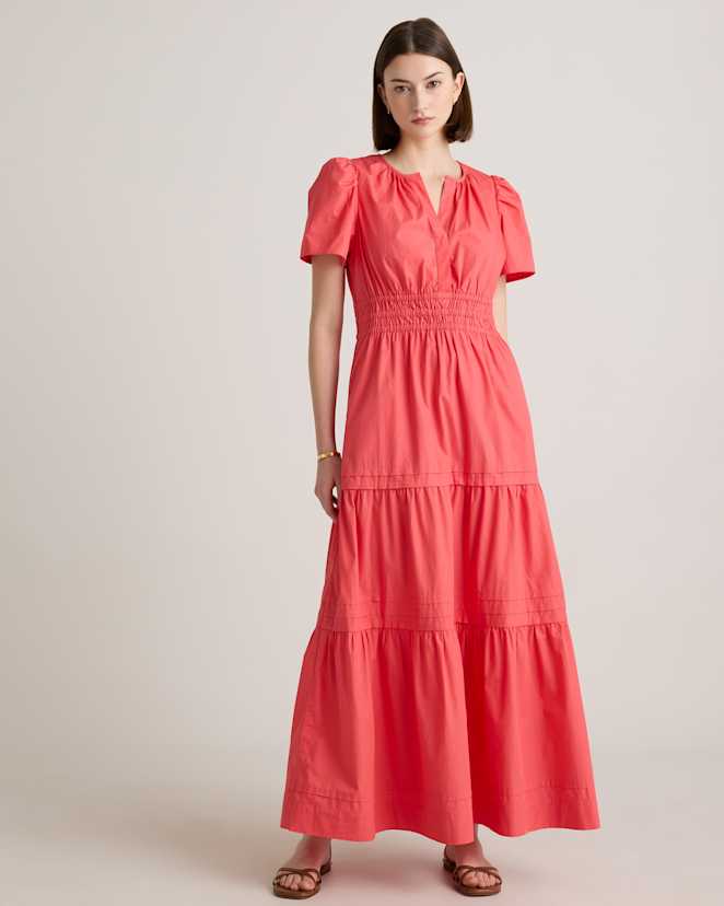 Spiced Coral 100% Organic Cotton Poplin Tiered Maxi Dress