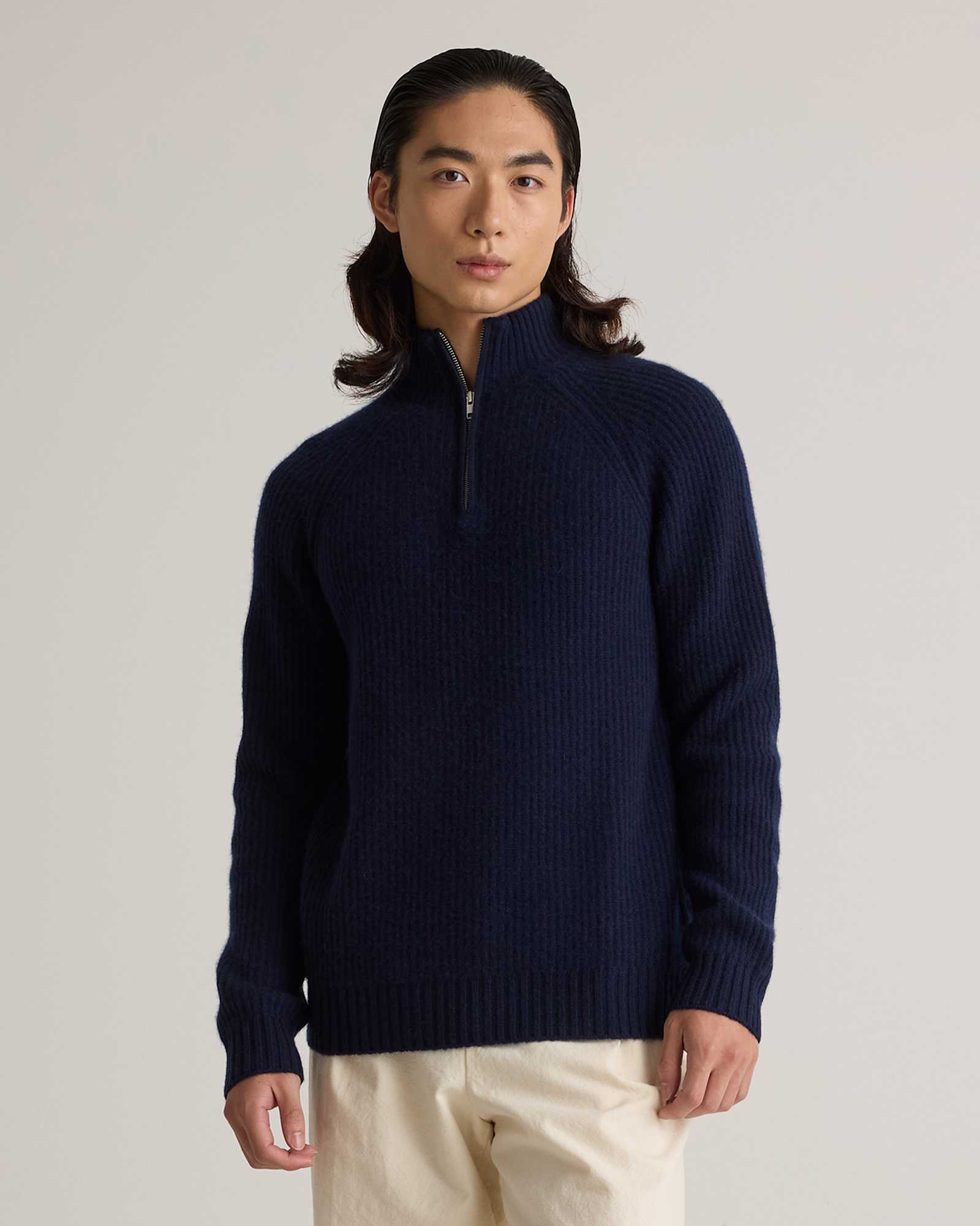 True Navy Mongolian Cashmere Fisherman Quarter Zip Sweater