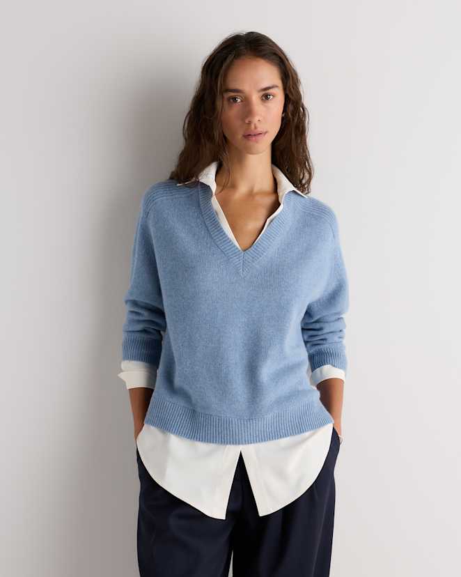 Faded Denim 100% Mongolian Cashmere Layered V-Neck Sweater