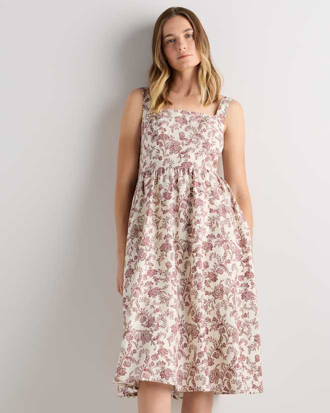Brick Red Heirloom Floral 100% European Linen Fit & Flare Midi Dress