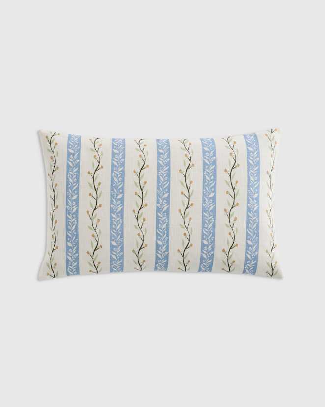 Light Blue Stripe Floral Vine Cotton Pillow Cover