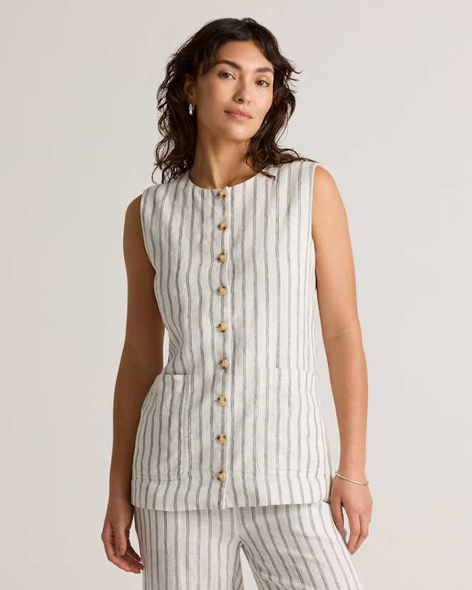 Oatmeal / Black Stripe 100% European Linen Longline Vest