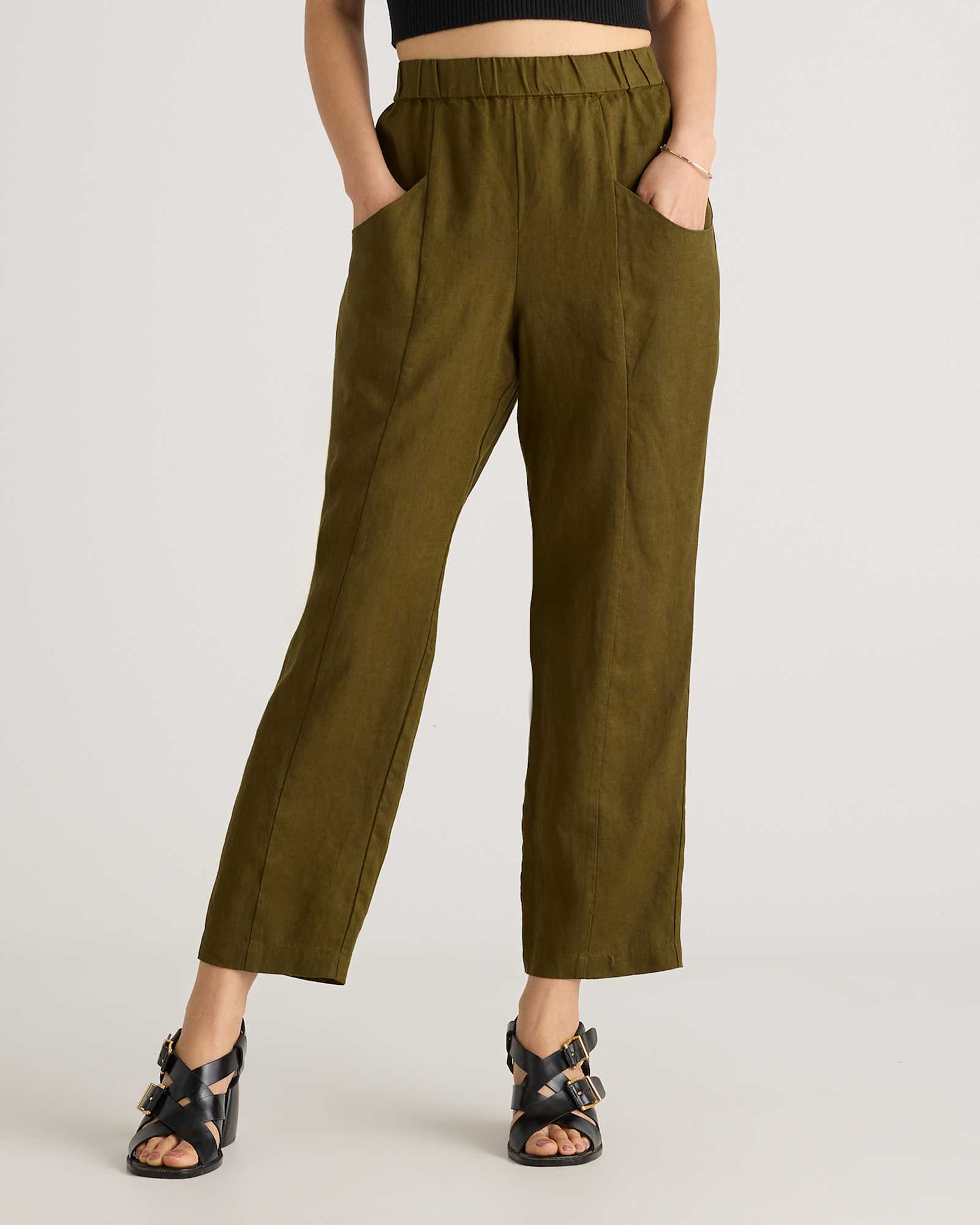 Martini Olive 100% European Linen Tapered Ankle Pants