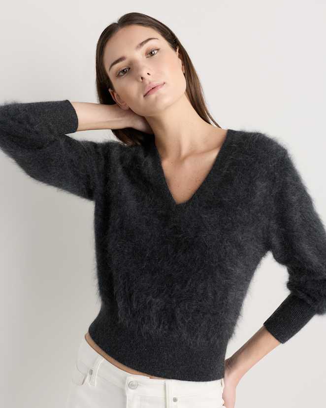 Heather Charcoal Brushed Cashmere Shrunken V-Neck Sweater