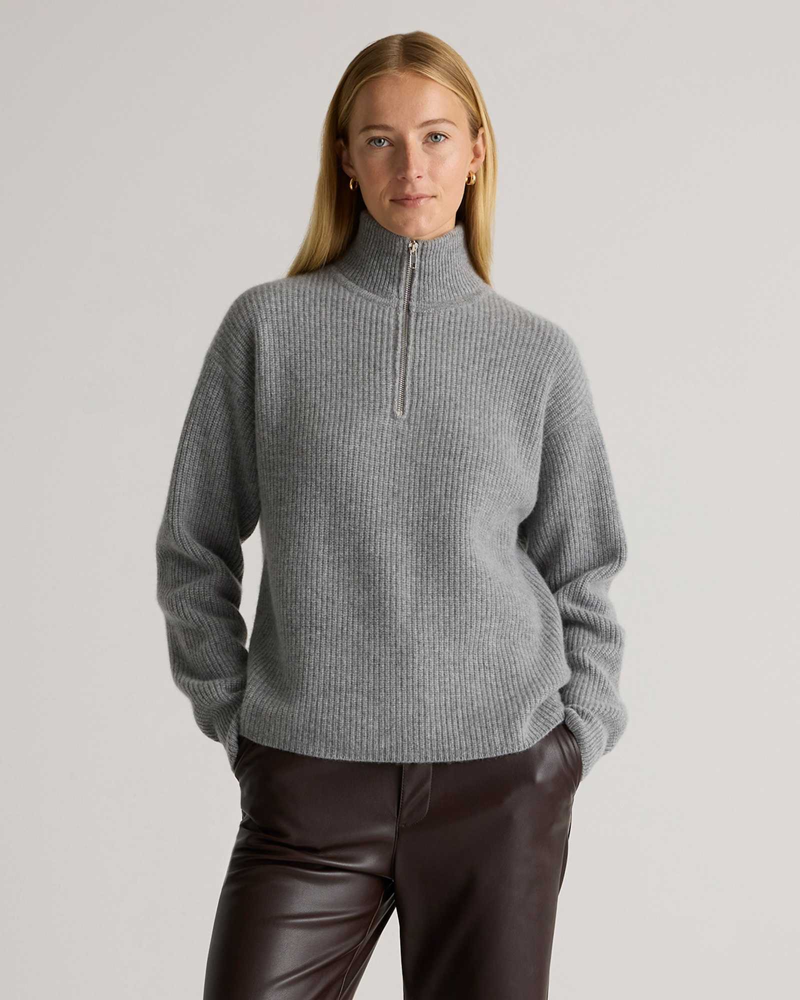 Heather Grey Mongolian Cashmere Fisherman Quarter Zip Sweater