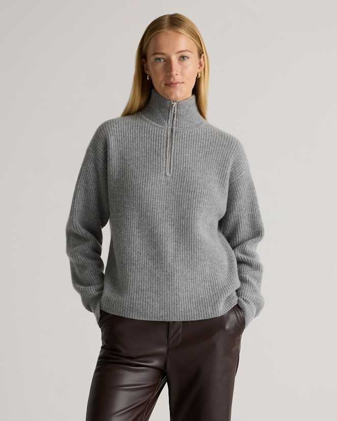Heather Grey Mongolian Cashmere Fisherman Quarter Zip Sweater