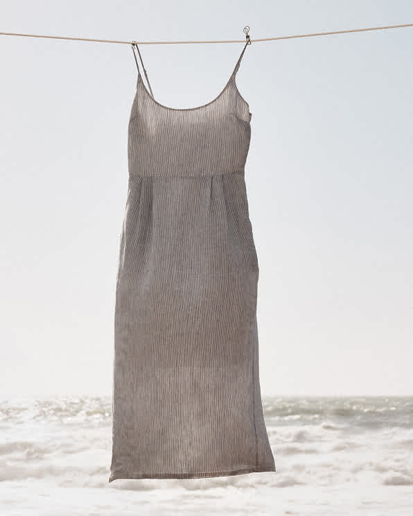 Blue Pinstripe 100% European Linen Scoop Neck Midi Dress