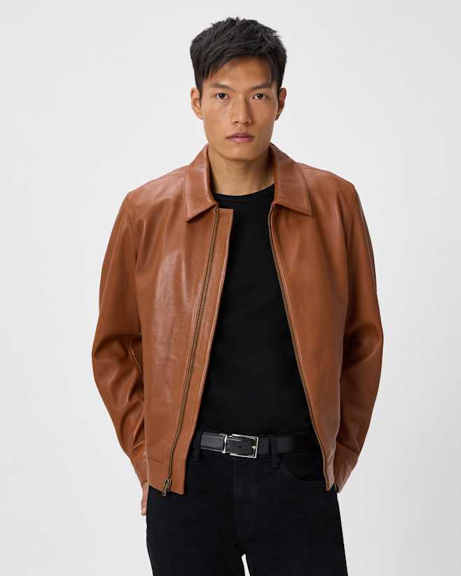 Dark Cognac Brown 100% Leather Harrington Jacket