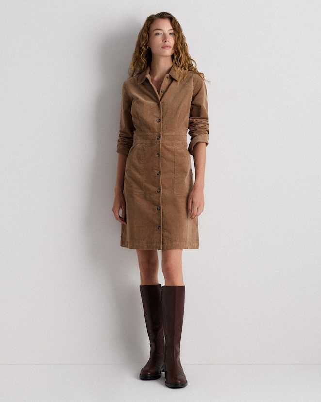 Warm Brown Organic Stretch Corduroy Mini Shirt Dress