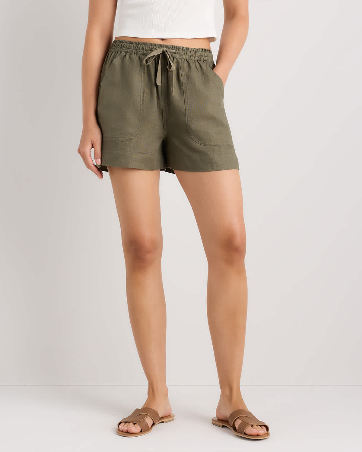 bayberry-olive 100% European Linen Shorts