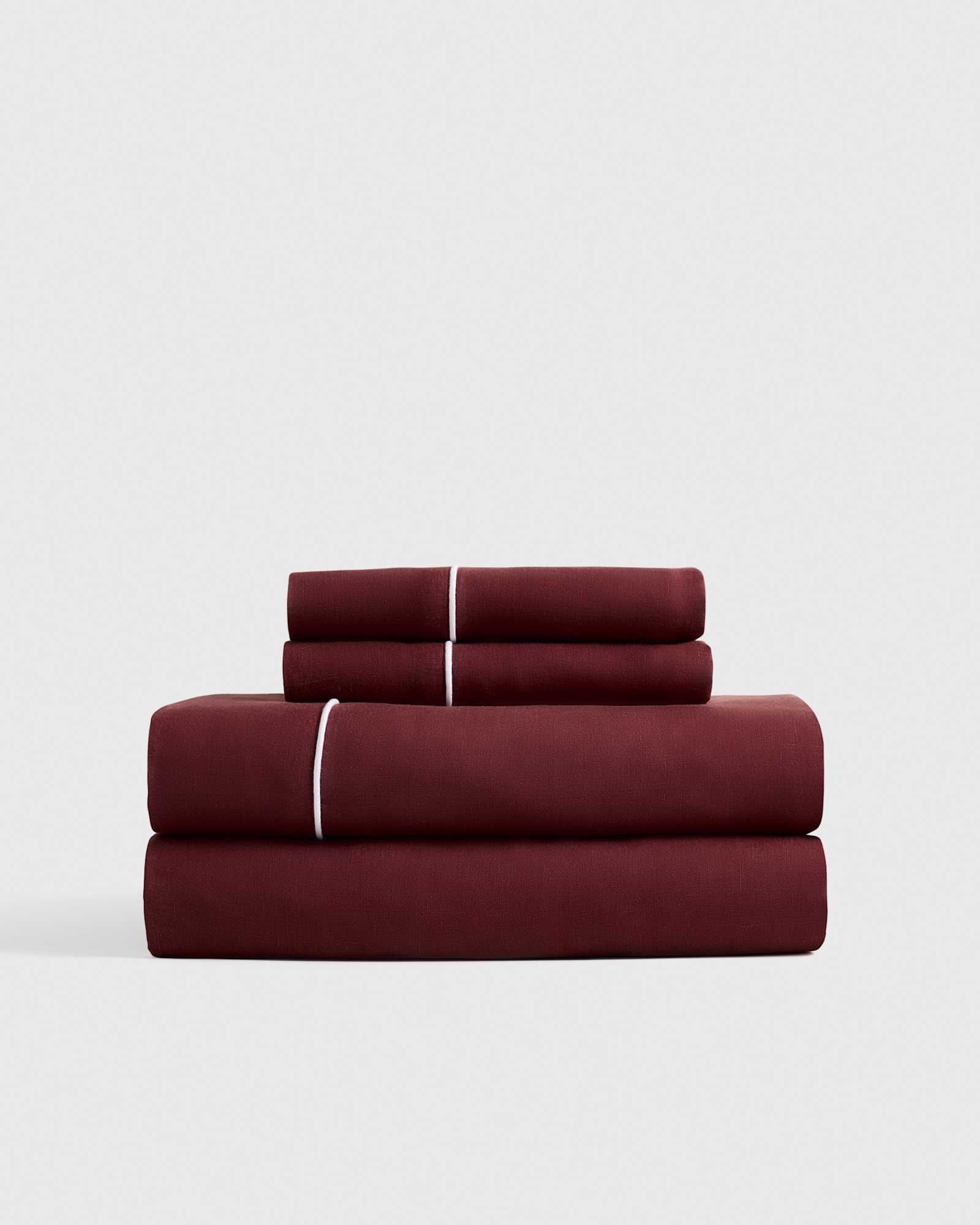 burgundy/white European Linen Piped Sheet Set
