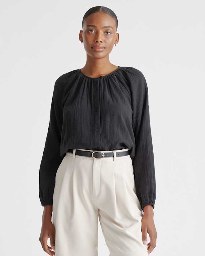 Black 100% Organic Cotton Gauze Peasant Blouse