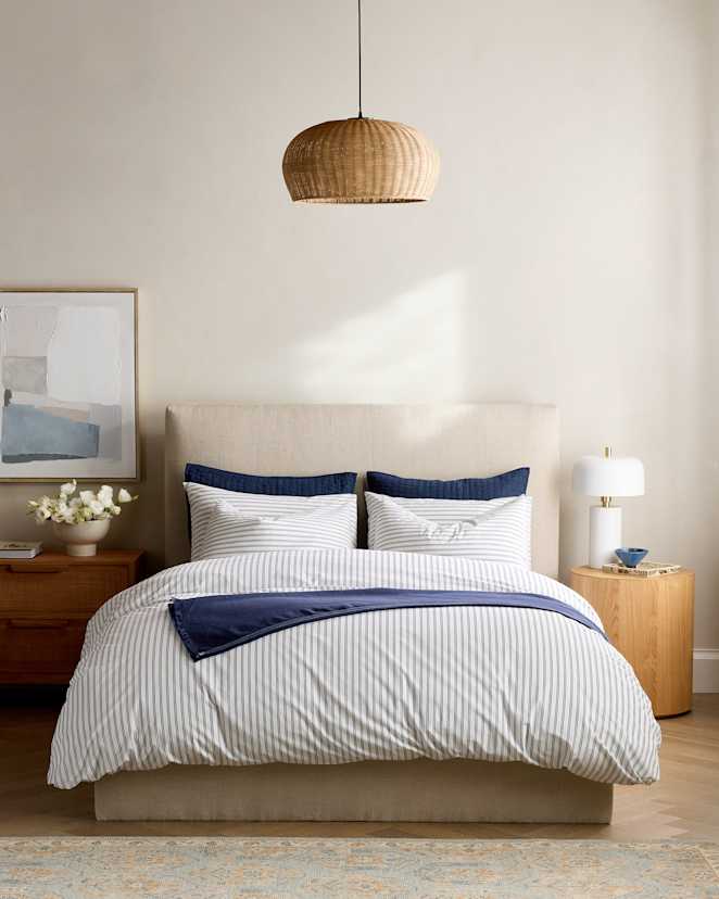 White/Navy Classic Organic Percale Double Stripe Deluxe Bedding Bundle