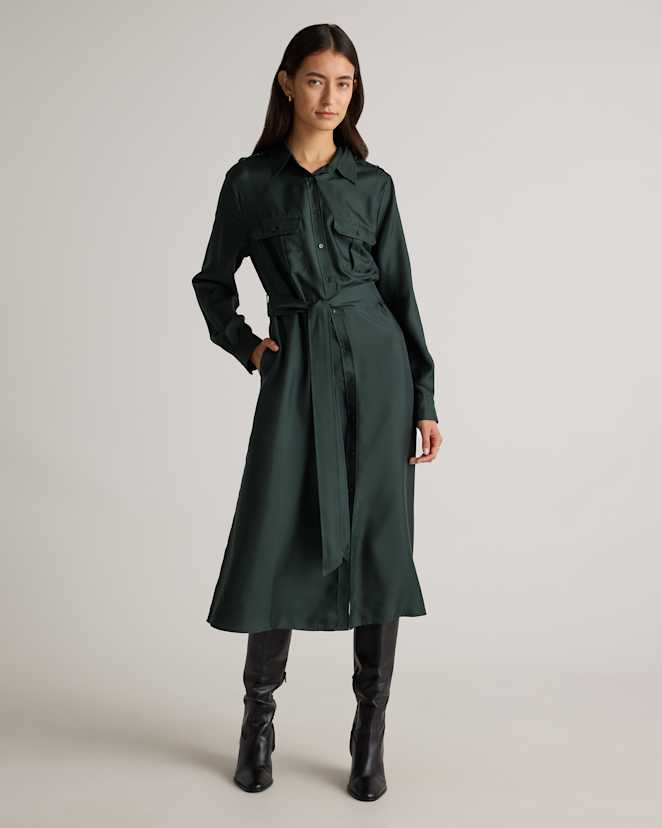 Forest Green 100% Silk Twill Utility Shirt Dress