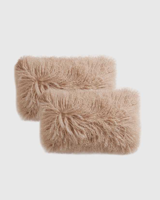 Khaki Luxe Mongolian Lamb Lumbar Pillow Cover (Set of 2)