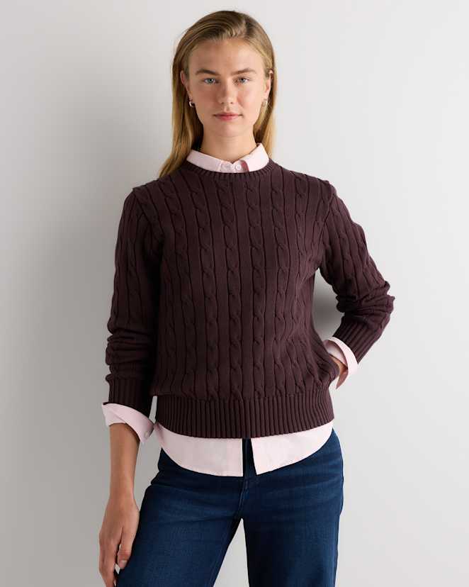 Chocolate Plum Brown 100% Organic Cotton Cable Crewneck Sweater