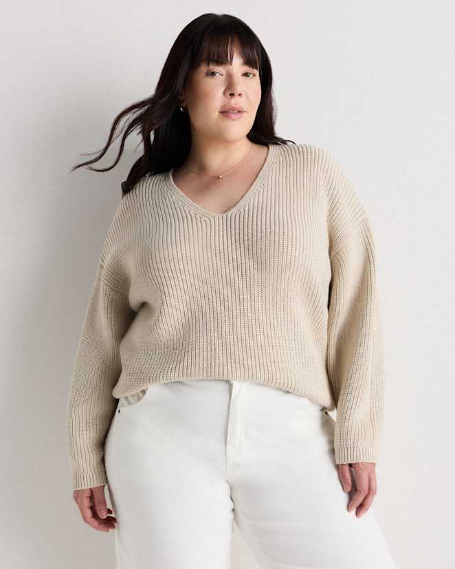 Speckled Beige 100% Organic Cotton Fisherman V-Neck Sweater