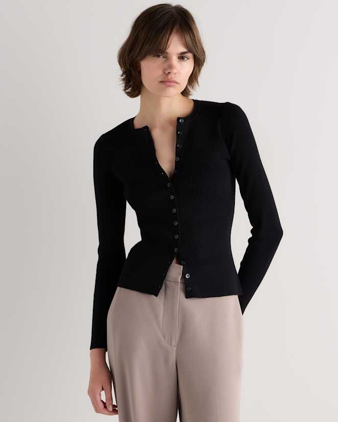 Black Cotton Cashmere Fitted Ribbed Cardigan