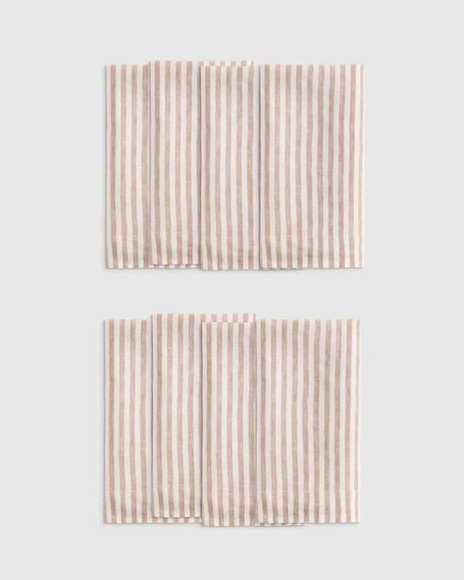 Latte/White Stripe Serviettes de table en lin européen à rayures et à large ourlet (ensemble de 8)