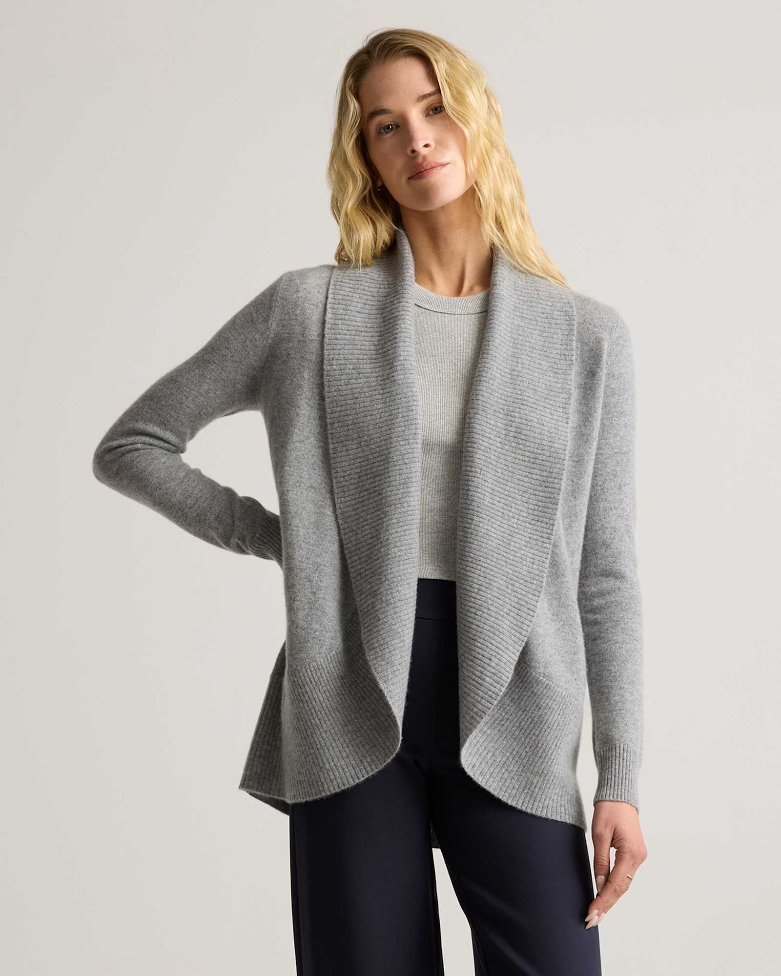 heather-grey Mongolian Cashmere Open Cardigan Sweater