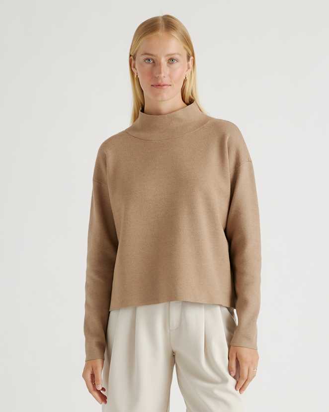 Warm Taupe Eco-Knit Milano Stitch Mock Neck Pullover