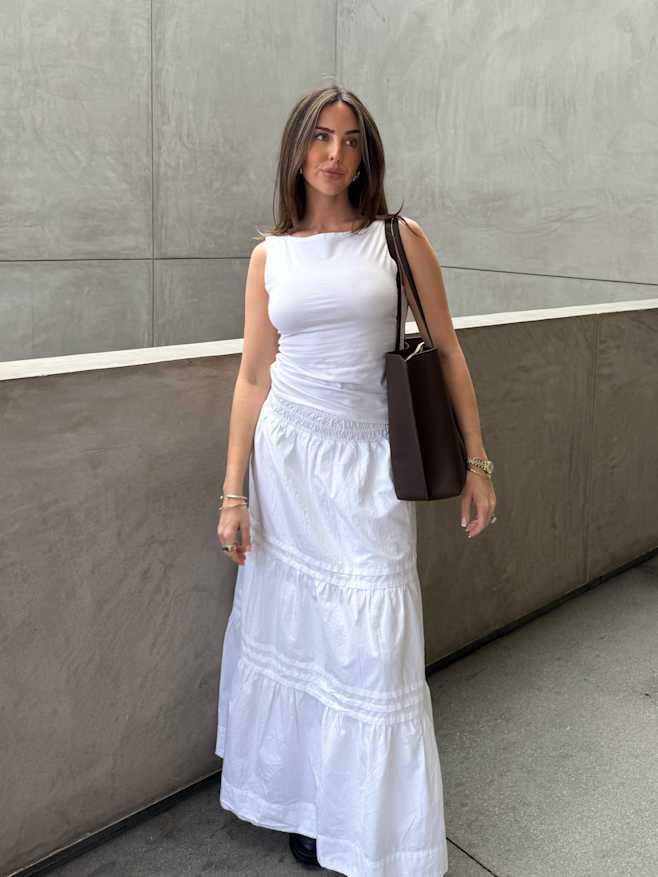 Classic White 100% Organic Cotton Poplin Tiered Maxi Skirt