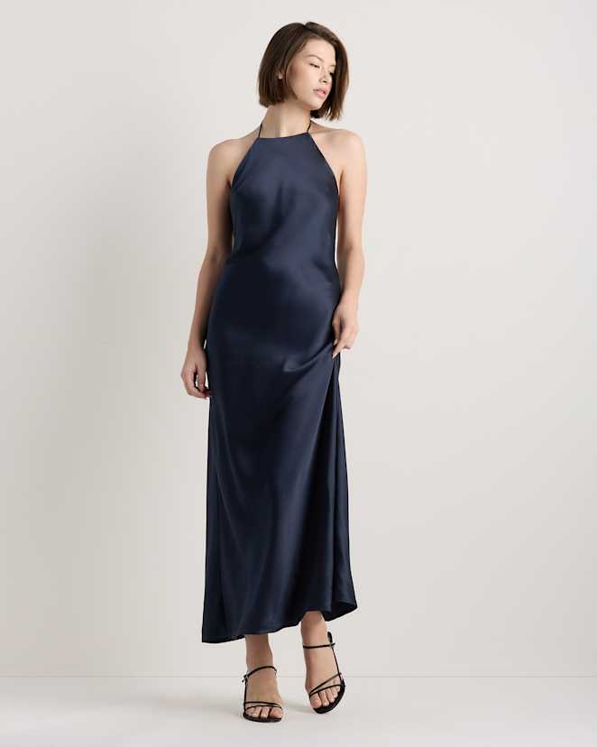 Navy 100% Washable Silk Halter Maxi Dress