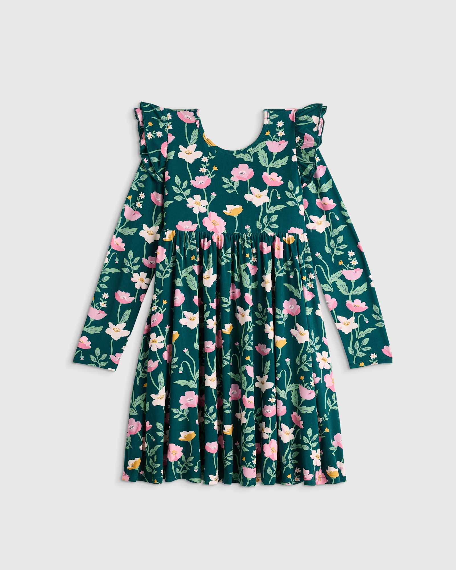 Green Poppy Garden Bamboo Long Sleeve Flutter Twirl Dress