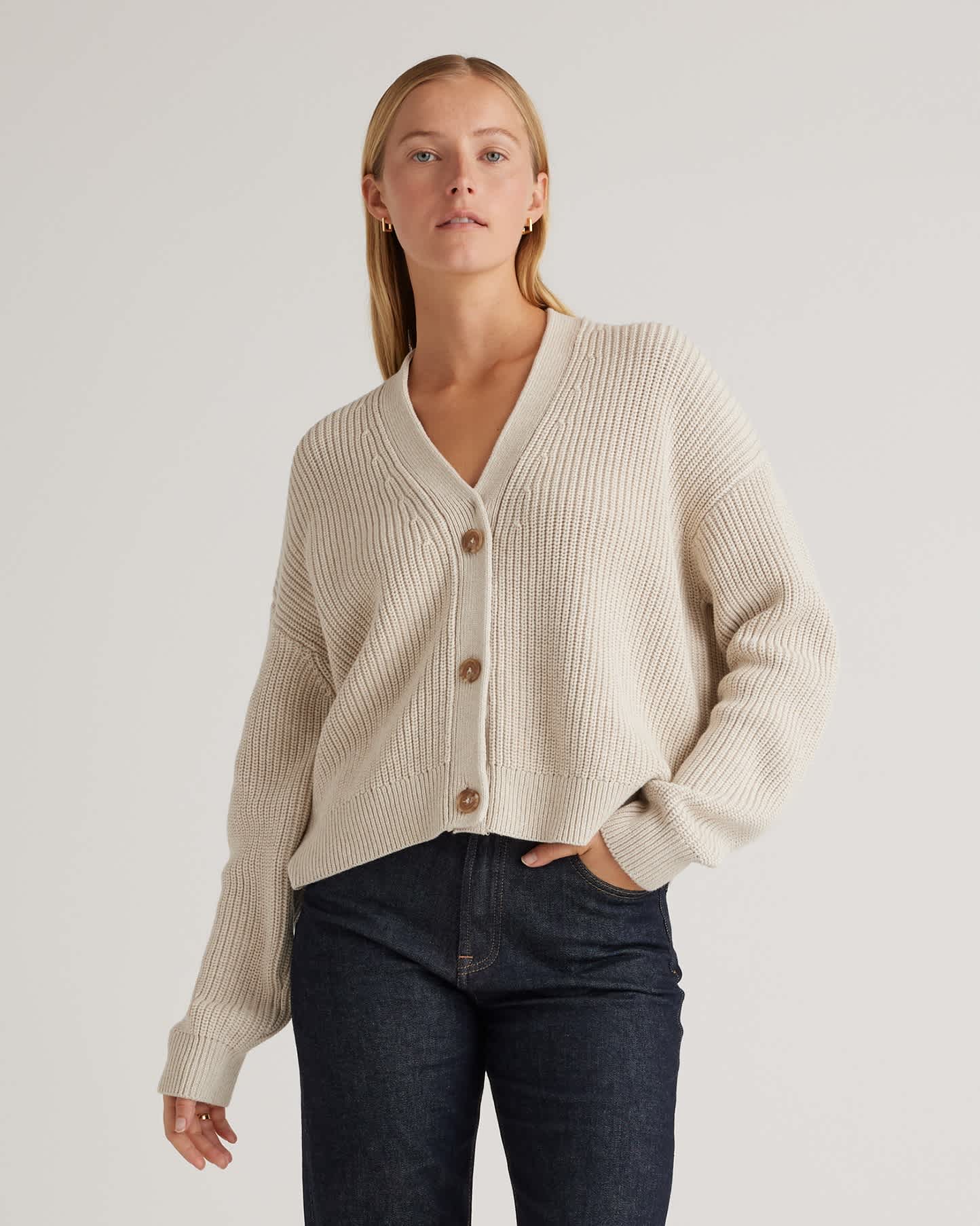 speckled-beige 100% Organic Cotton Fisherman Boxy Cropped Cardigan