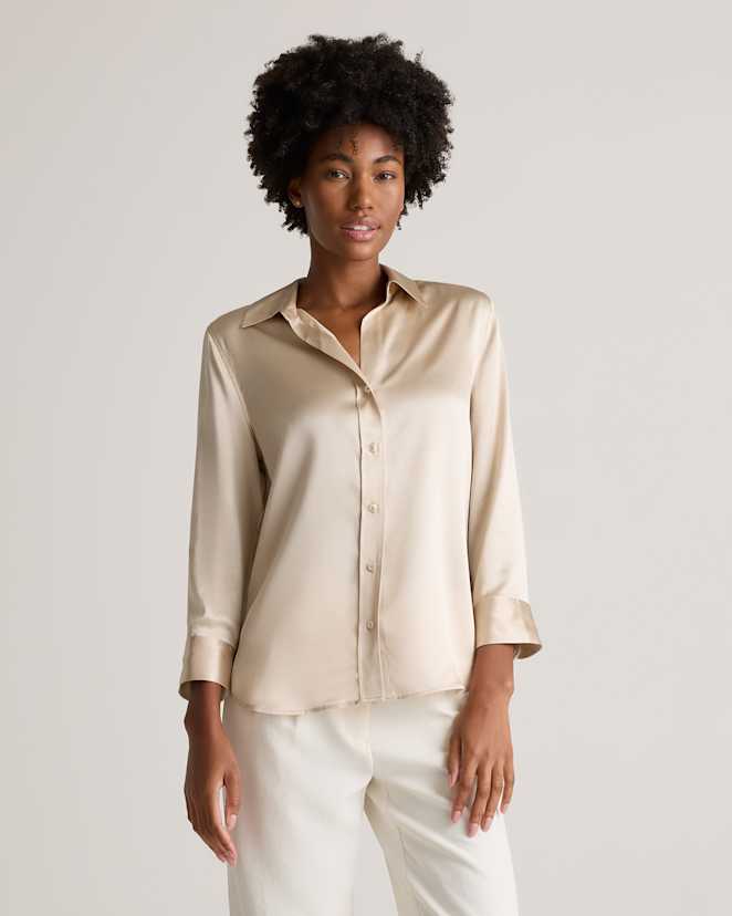 W-BLO-106-CHMPG 2064 EDITED 1 Champagne 100% Washable Silk Three-Quarter Sleeve Shirt