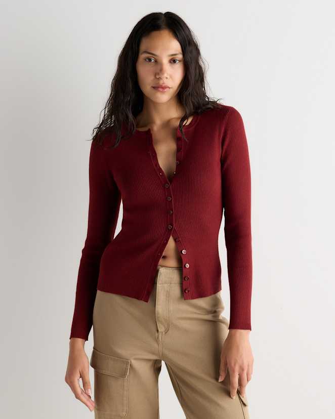 Deep Brick Red Cotton Cashmere Fitted Ribbed Cardigan