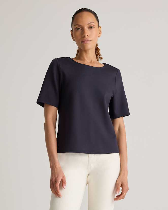 Navy Ultra-Stretch Ponte Short Sleeve Top