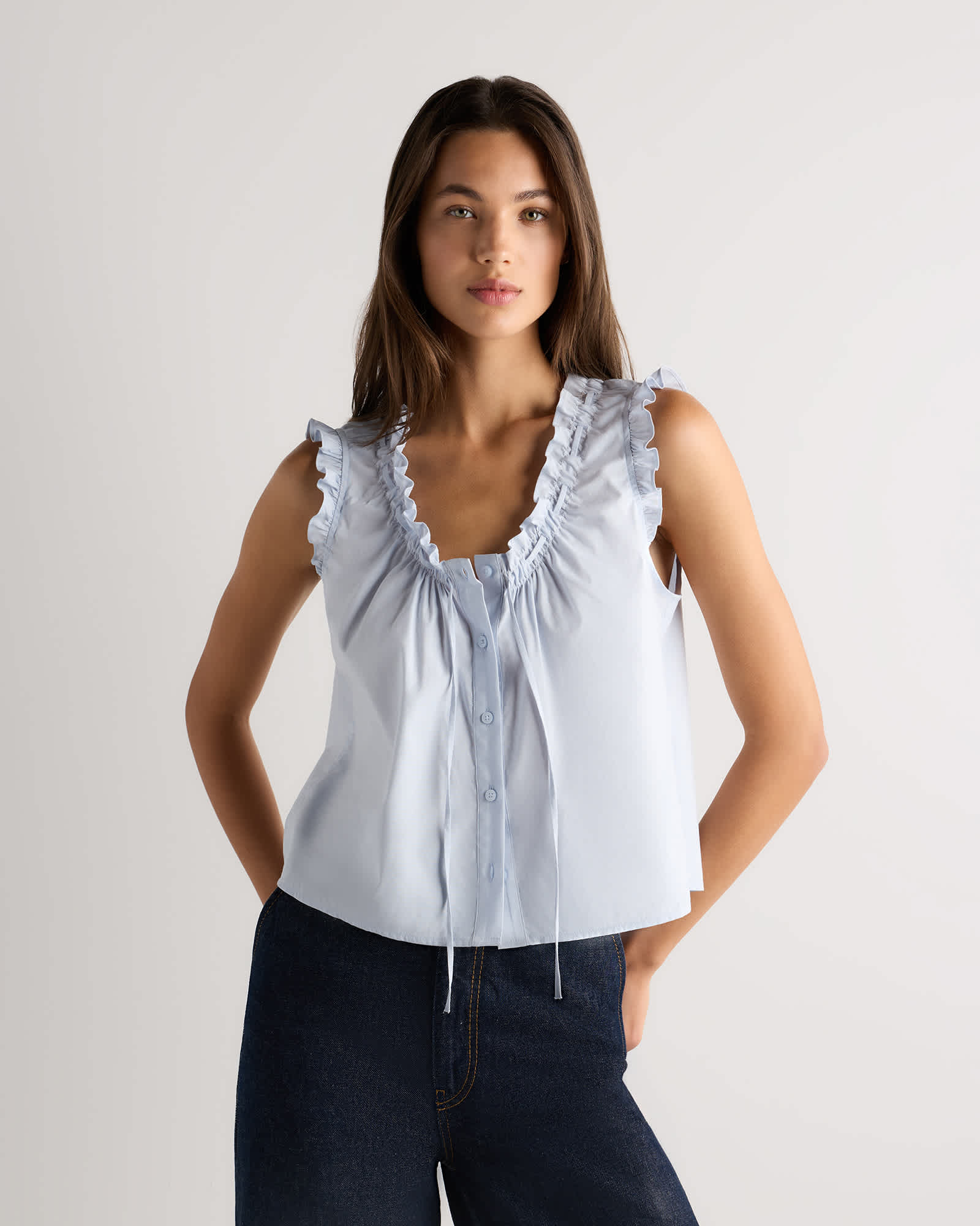Coastal Haze Blue Cotton Viscose Voile Ruffle Trim Tank