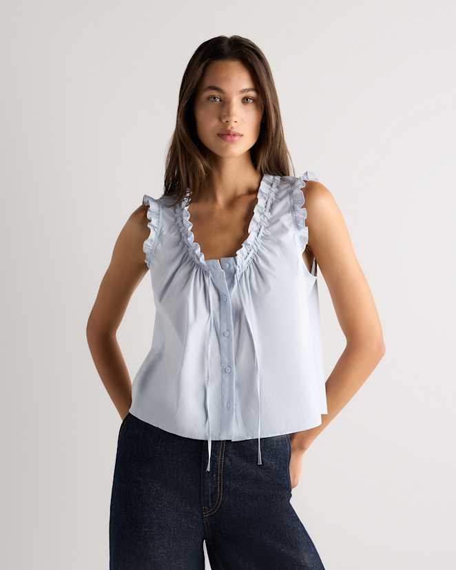 Coastal Haze Blue Débardeur en voile de coton et viscose à volants