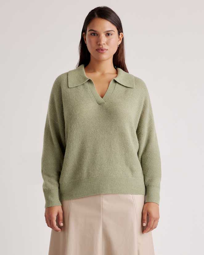 Sage Baby Alpaca-Wool Waffle Stitch Polo Sweater