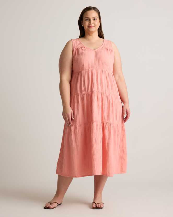 Coral Blush 100% Organic Cotton Gauze Tiered Maxi Dress