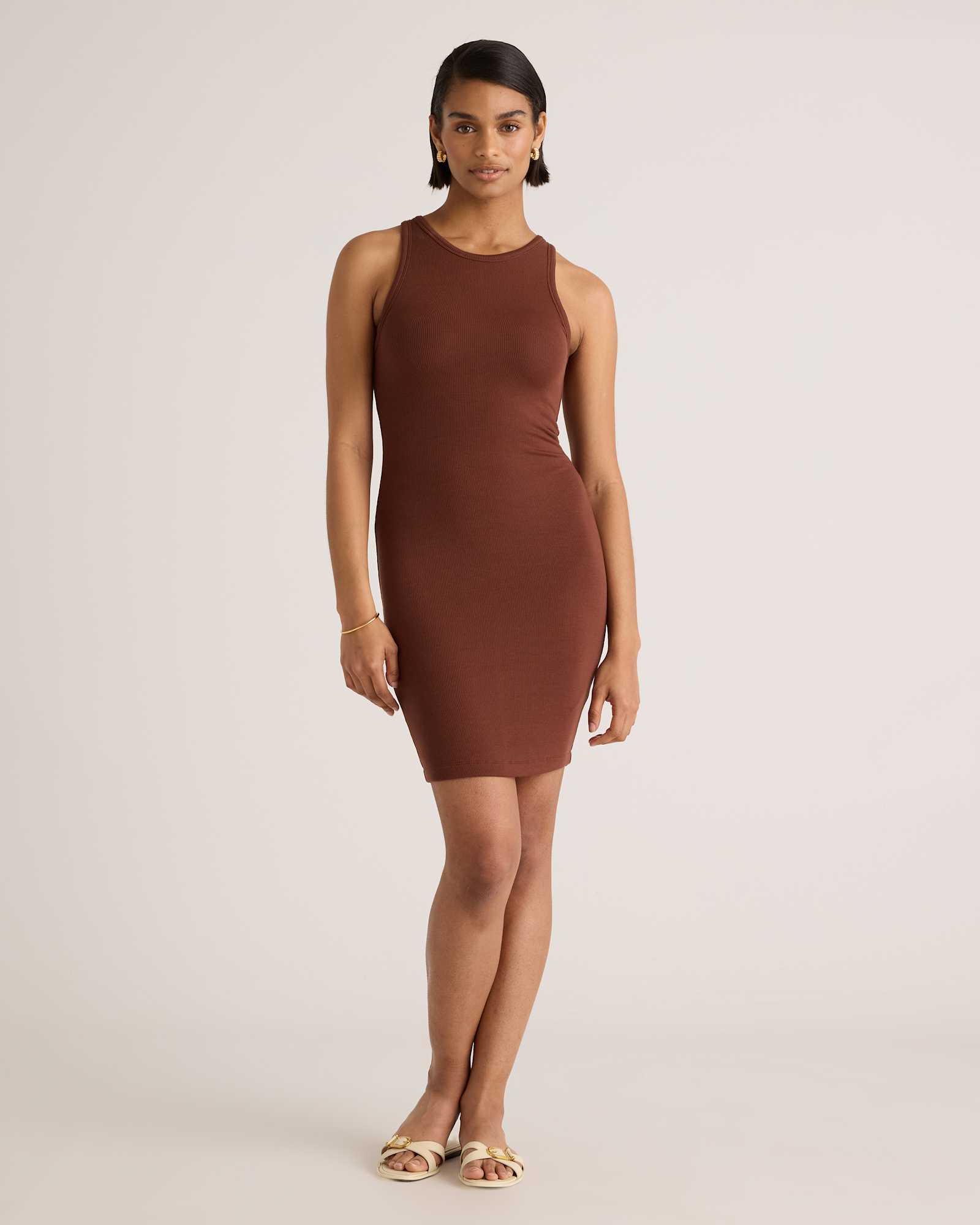 brown Tencel Rib Knit Sleeveless Mini Dress