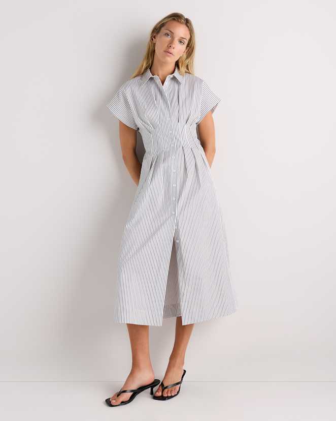 Steel Grey Soho Stripe Stretch Twill Pleated Midi Shirt Dress