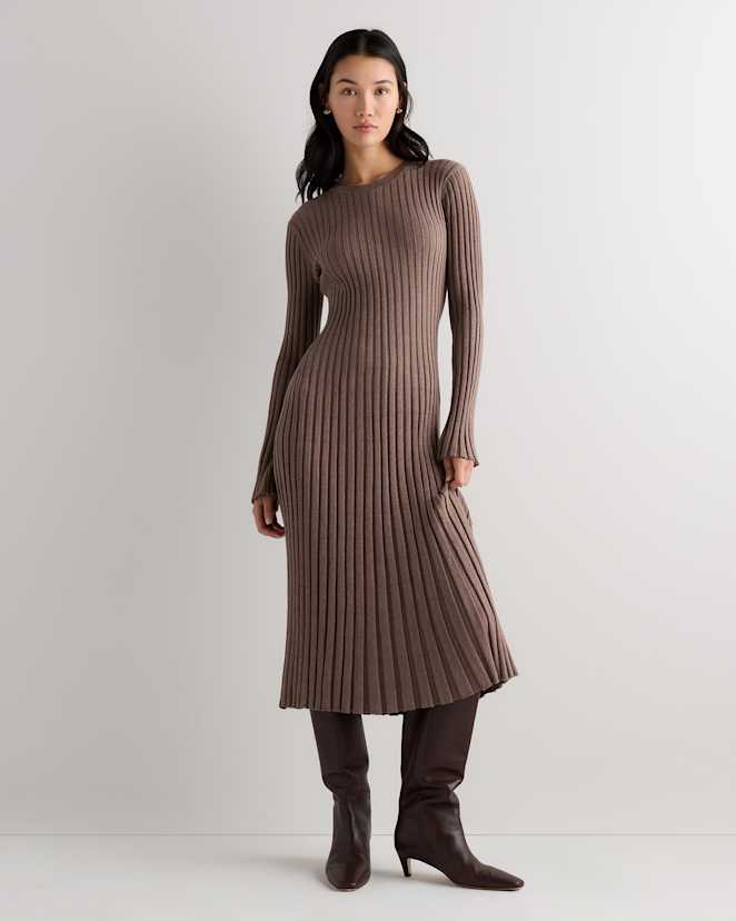 Heathered Mink Taupe Cotton Cashmere Ribbed Long Sleeve Crew Midi Dress