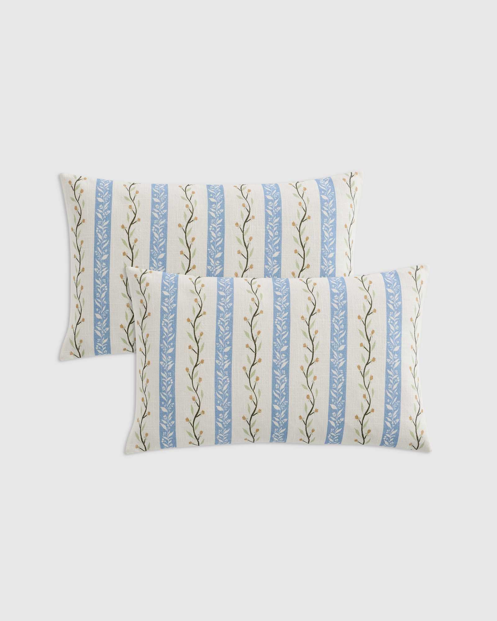 Light Blue Stripe Floral Vine Cotton Pillow Cover (Set of 2)